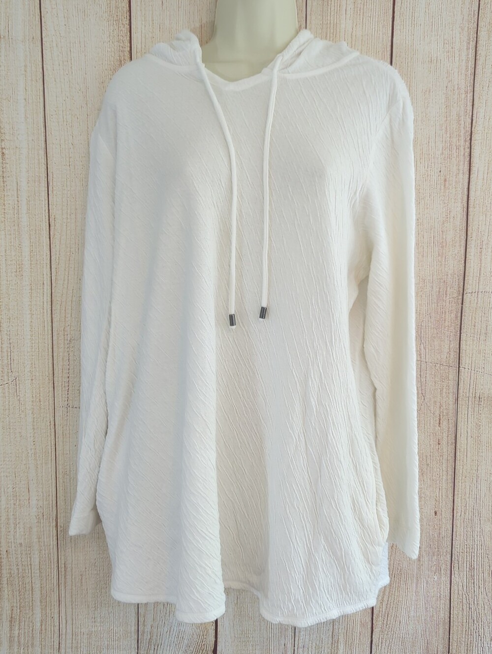 Pure Jill White Textured Cotton Long Sleeve Hoodie Shirt Tunic Pockets Large